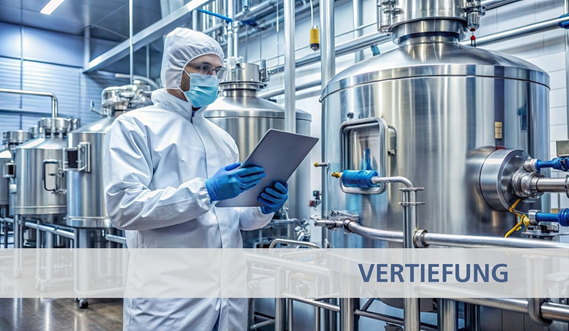 Person in einem Reinraumanzug, die in einer Laborumgebung mit einem Edelstahltank arbeitet. Betont die Sicherheit und Präzision in pharmazeutischen oder biotechnologischen Prozessen.