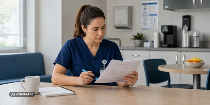 ine Pflegefachkraft in Dienstkleidung sitzt in einem ruhigen Aufenthaltsraum einer Klinik am Tisch und liest aufmerksam ein mehrseitiges Schreiben, einen Textmarker in der Hand.